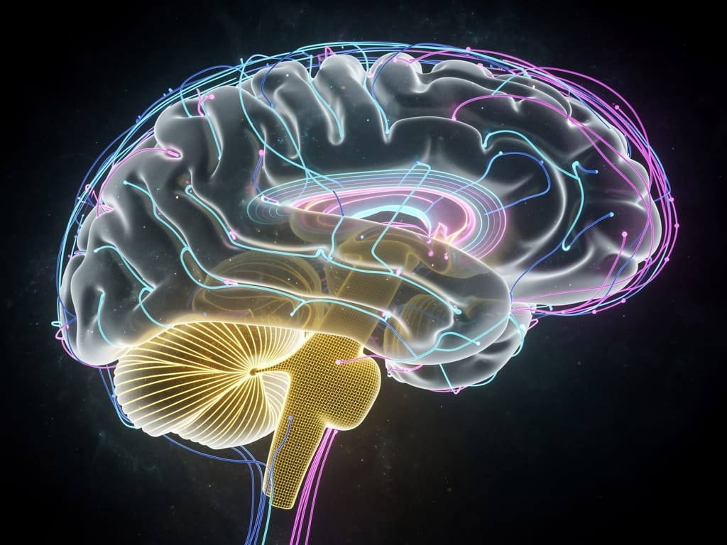 Glowing human brain cross-section with golden neural filter at the brain stem