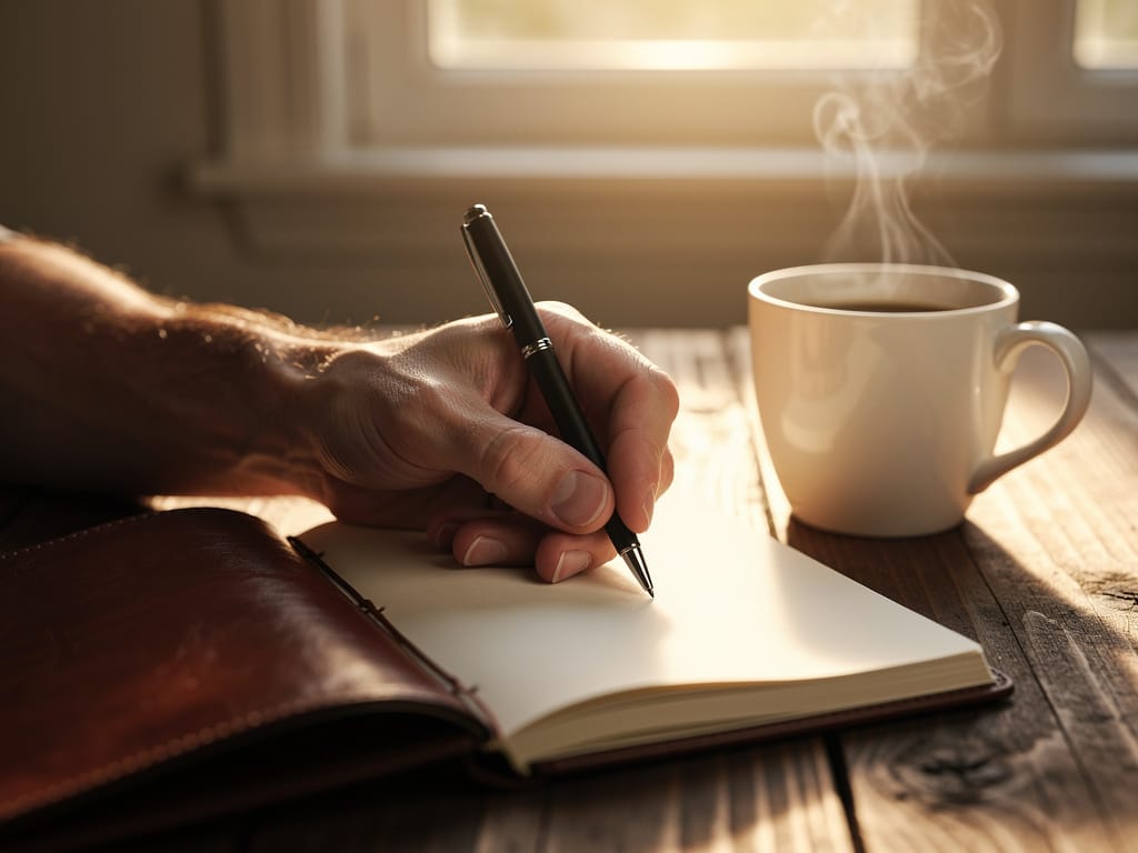 Person writing in journal at sunlit desk with morning coffee