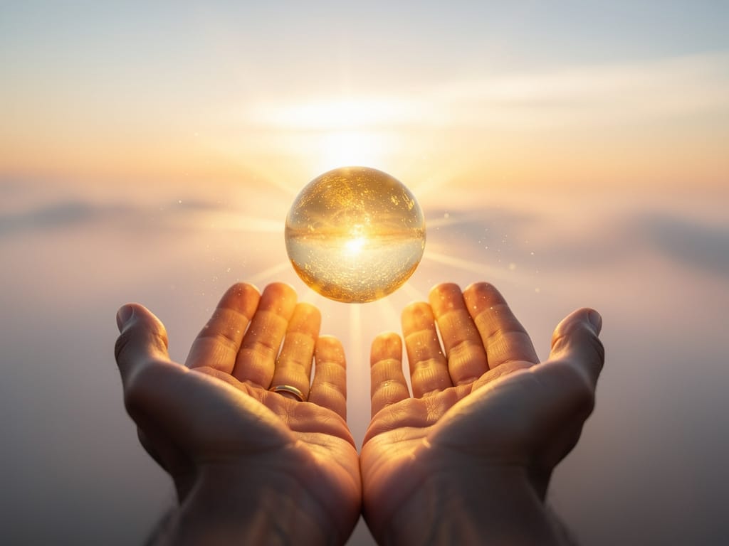 Open hands releasing glowing golden light into a misty dawn sky
