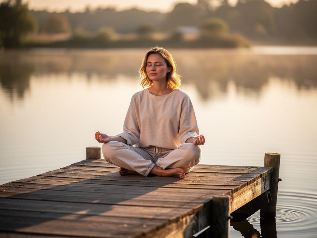 Peaceful woman meditating on a wooden dock over a calm lake at golden hour