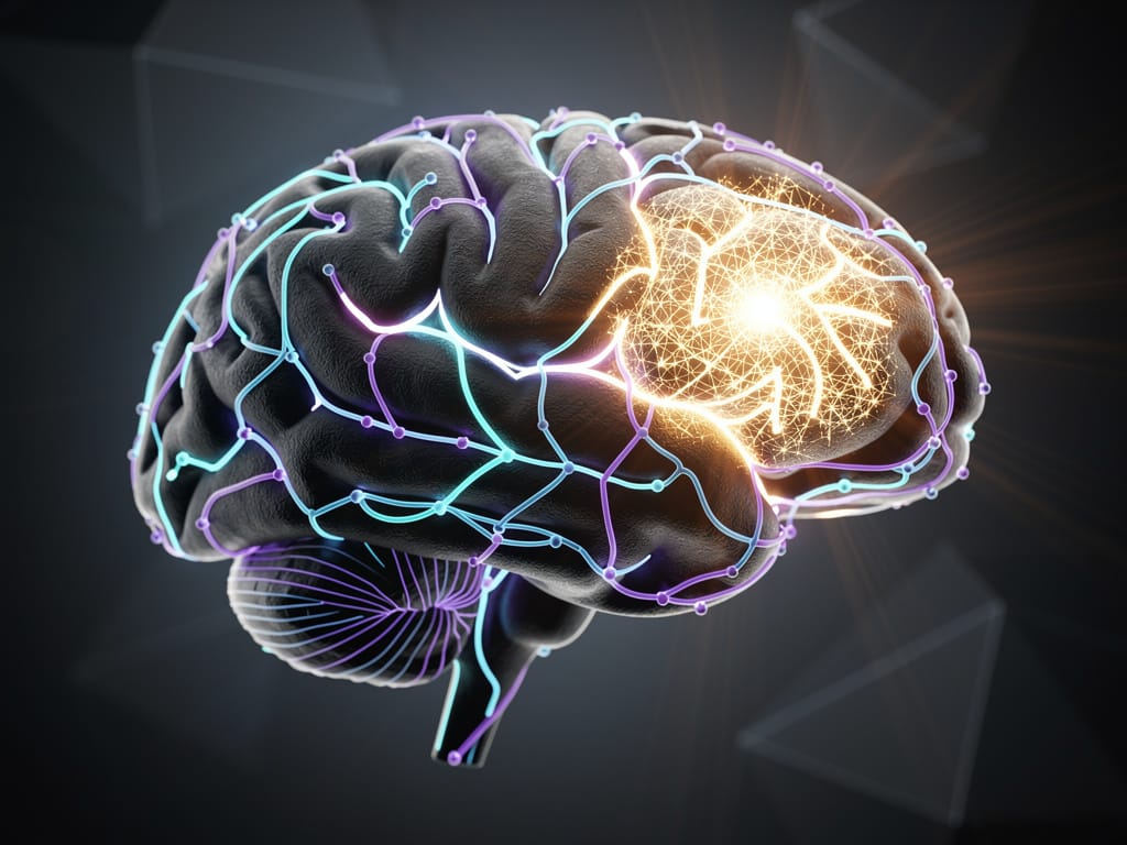 Glowing neural pathways in a human brain