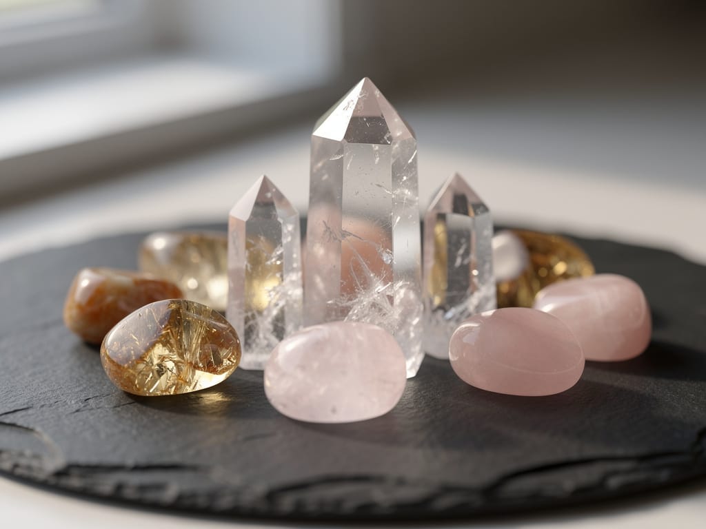 A collection of polished manifestation crystals on a slate tabletop