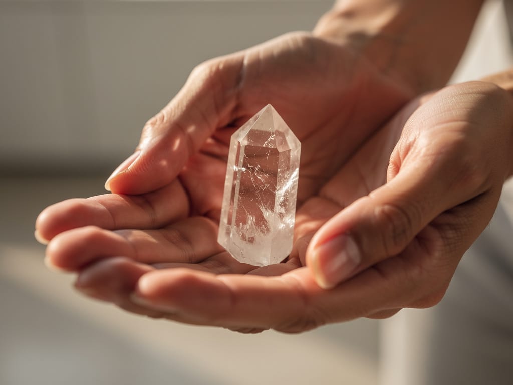 Hands holding a clear quartz crystal point