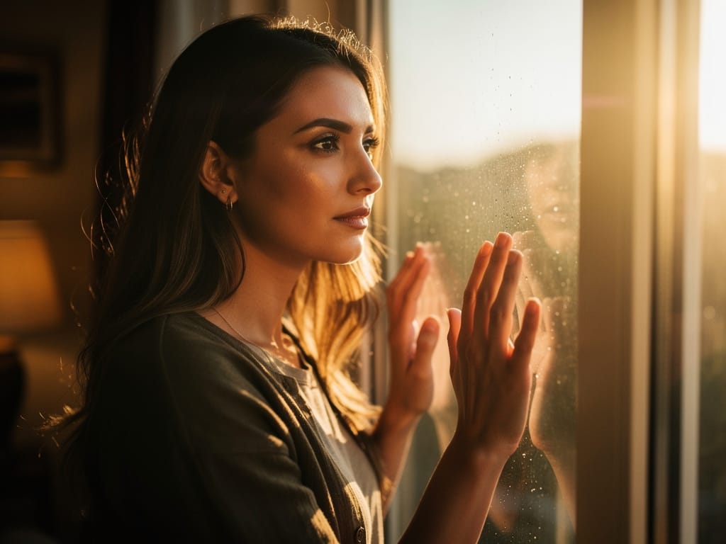 Woman looking out window at golden hour, manifestation and identity