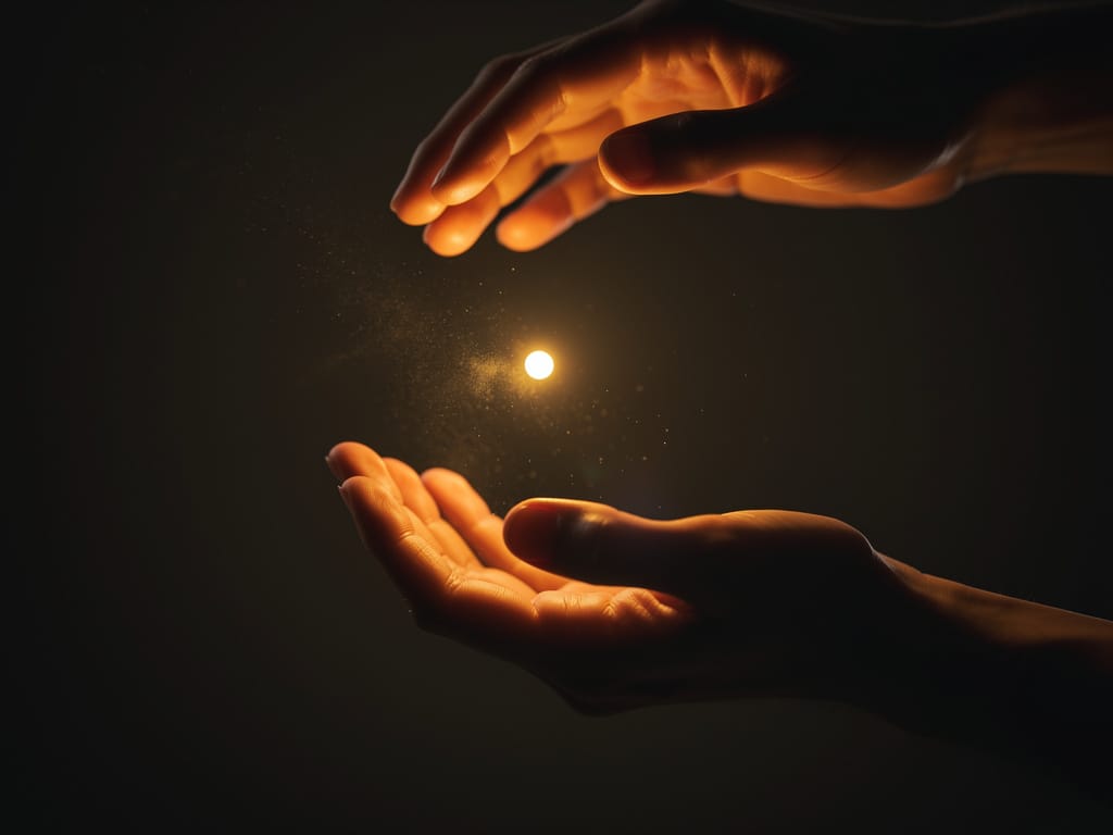 Hands releasing light symbolizing identity shift and manifestation