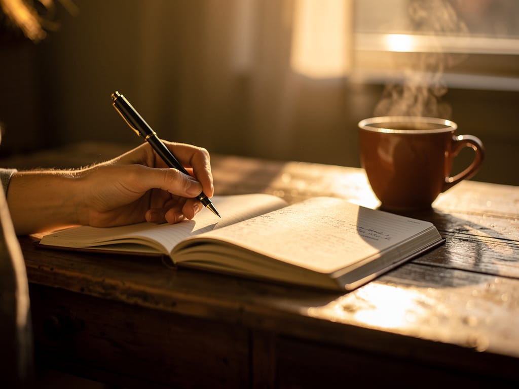 Open journal and coffee on desk in morning light, manifestation journaling practice