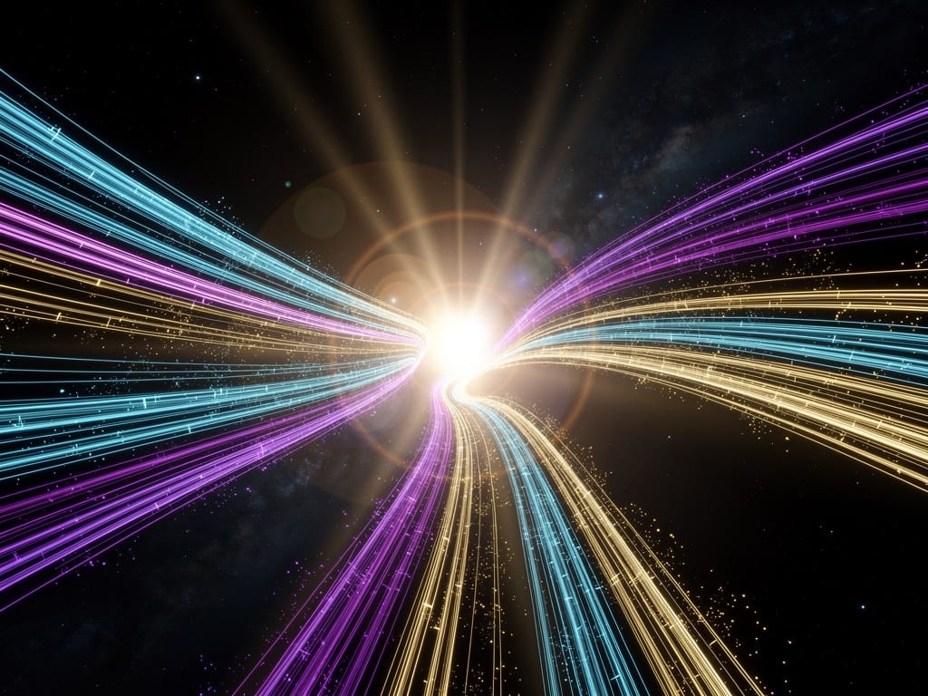 Abstract glowing timelines converging into one point