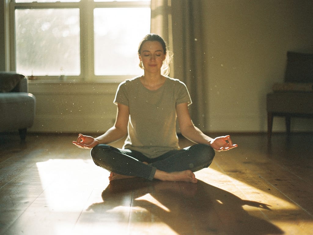 Person meditating in morning sunlight near window