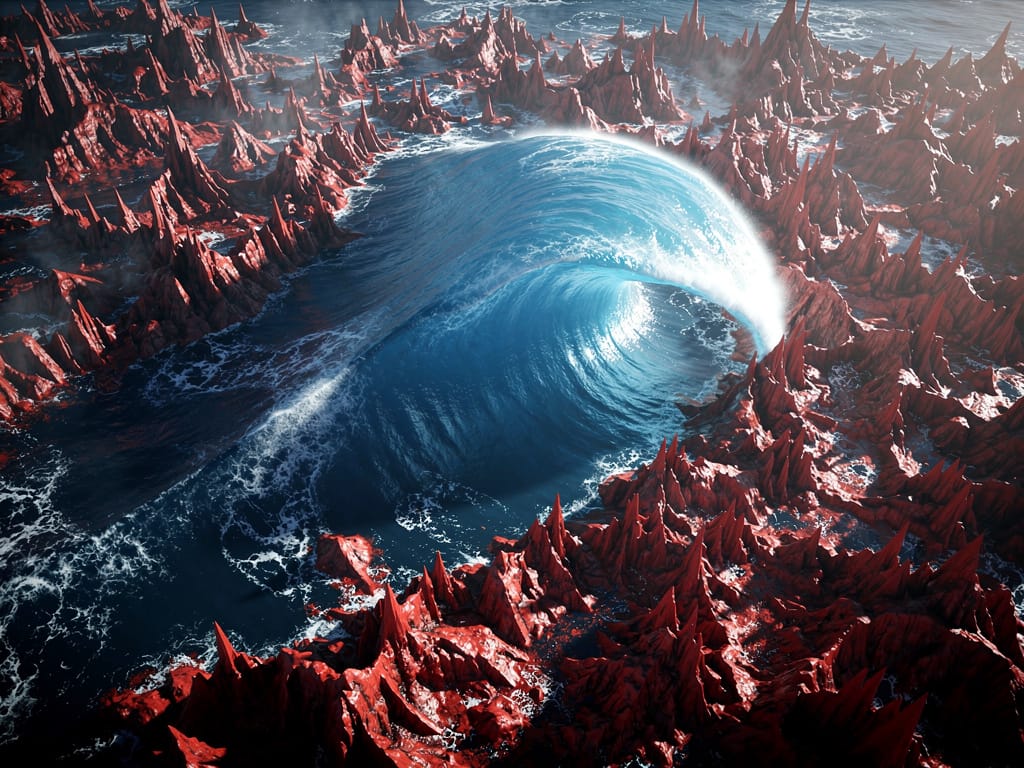 A large blue wave overcoming a chaotic red sea, symbolizing a new reality taking over