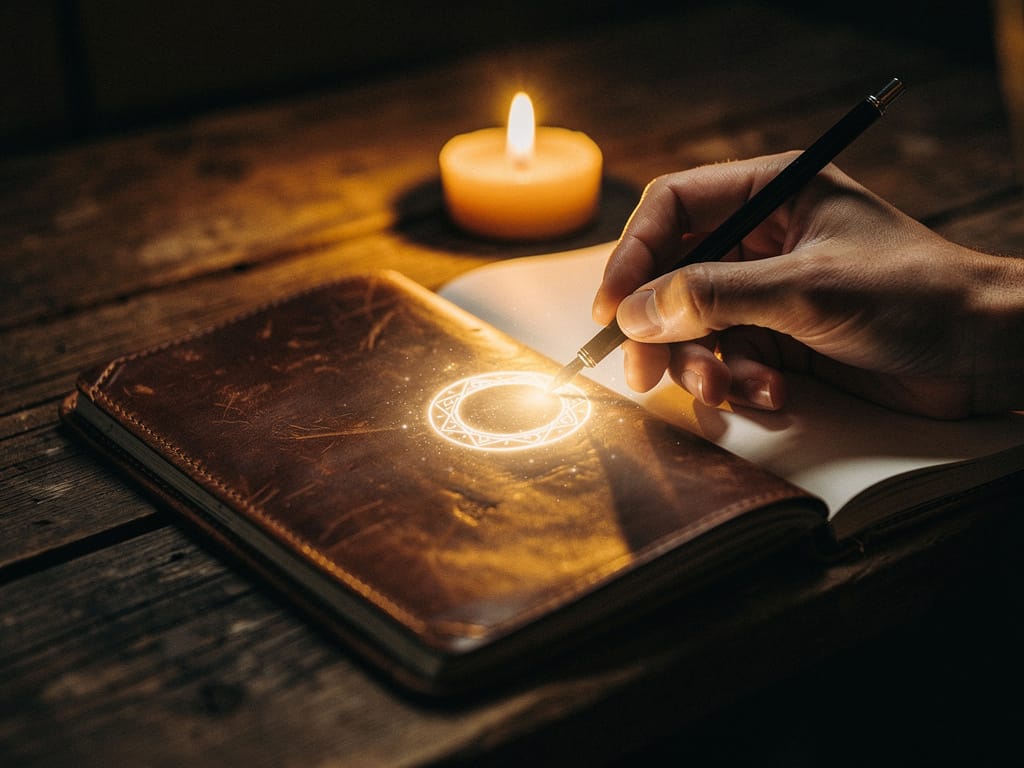 Hand drawing a circle symbol in a journal by candlelight