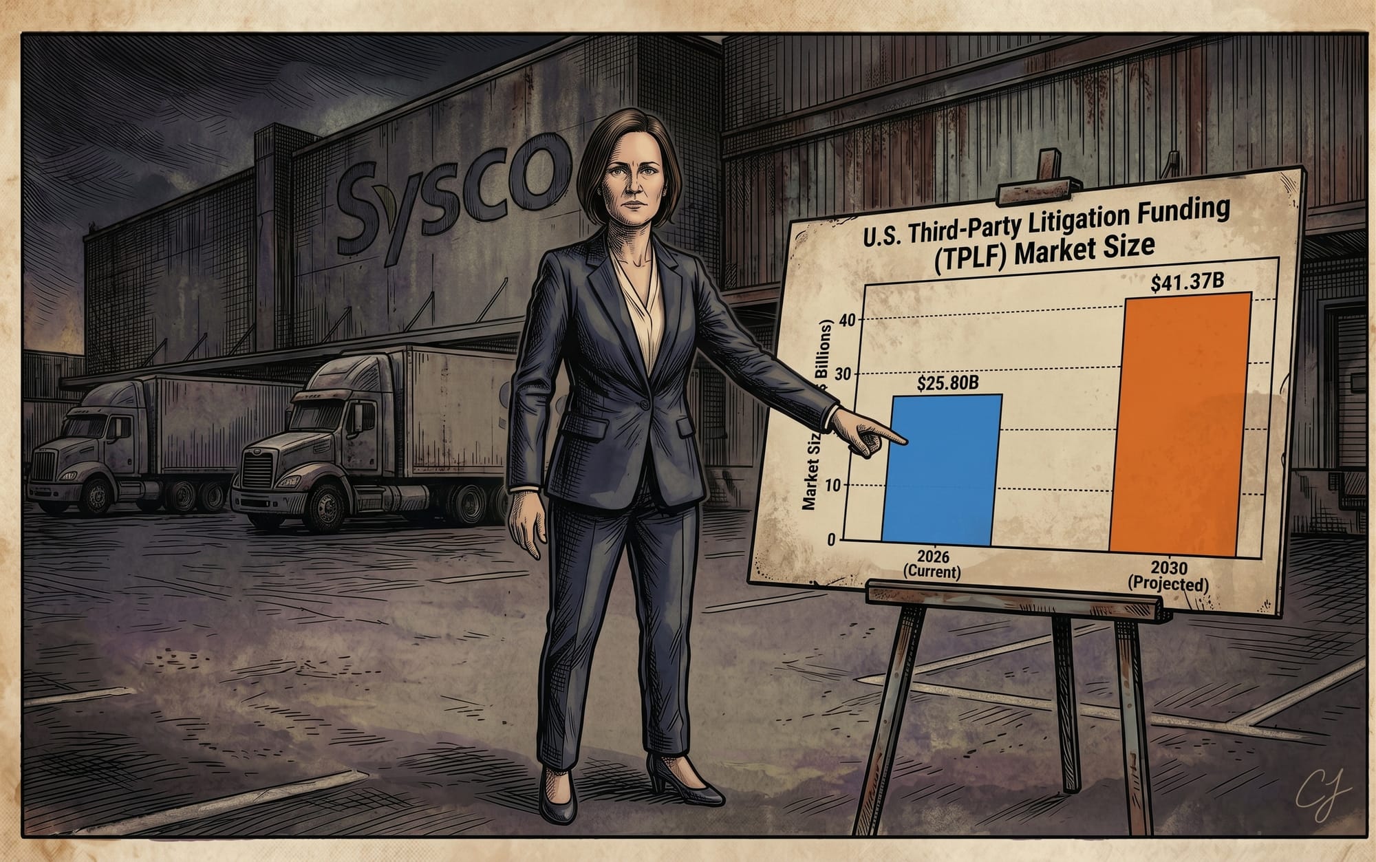 Gritty comic art of Rosie standing in front of a Sysco warehouse, pointing to a chart showing TPLF market size growth.