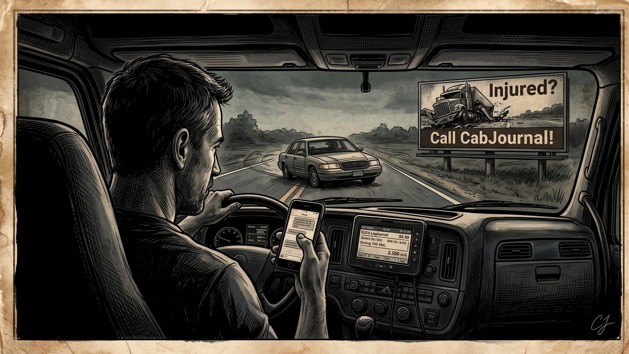 A cab-view comic illustration of a truck driver texting while an oncoming car drifts into his lane, with a highway billboard reading "Injured? Call CabJournal!" on the right.