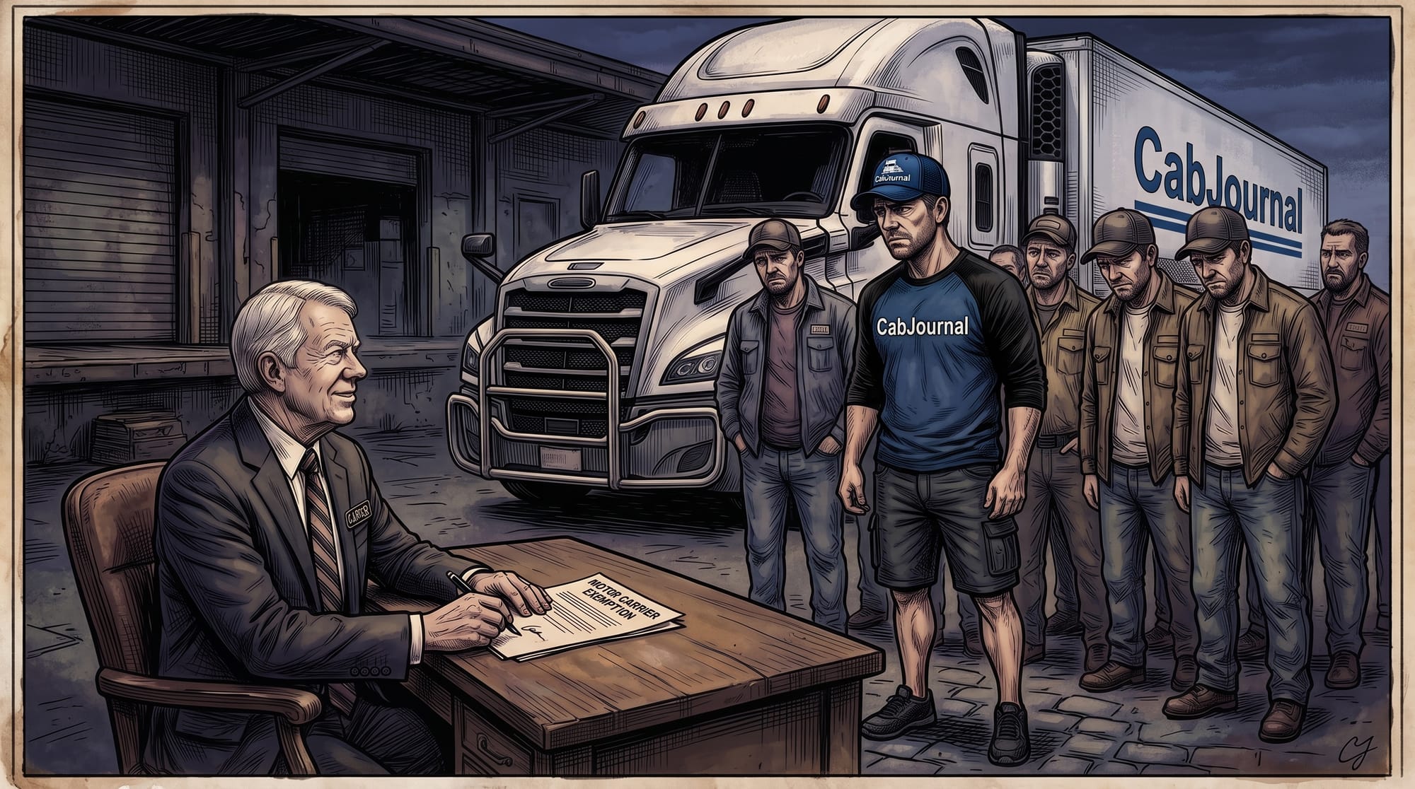Gritty comic art of President Carter signing a "Motor Carrier Exemption" bill as Ben in a CabJournal cap and other truck drivers watch in front of a modern semi-truck.