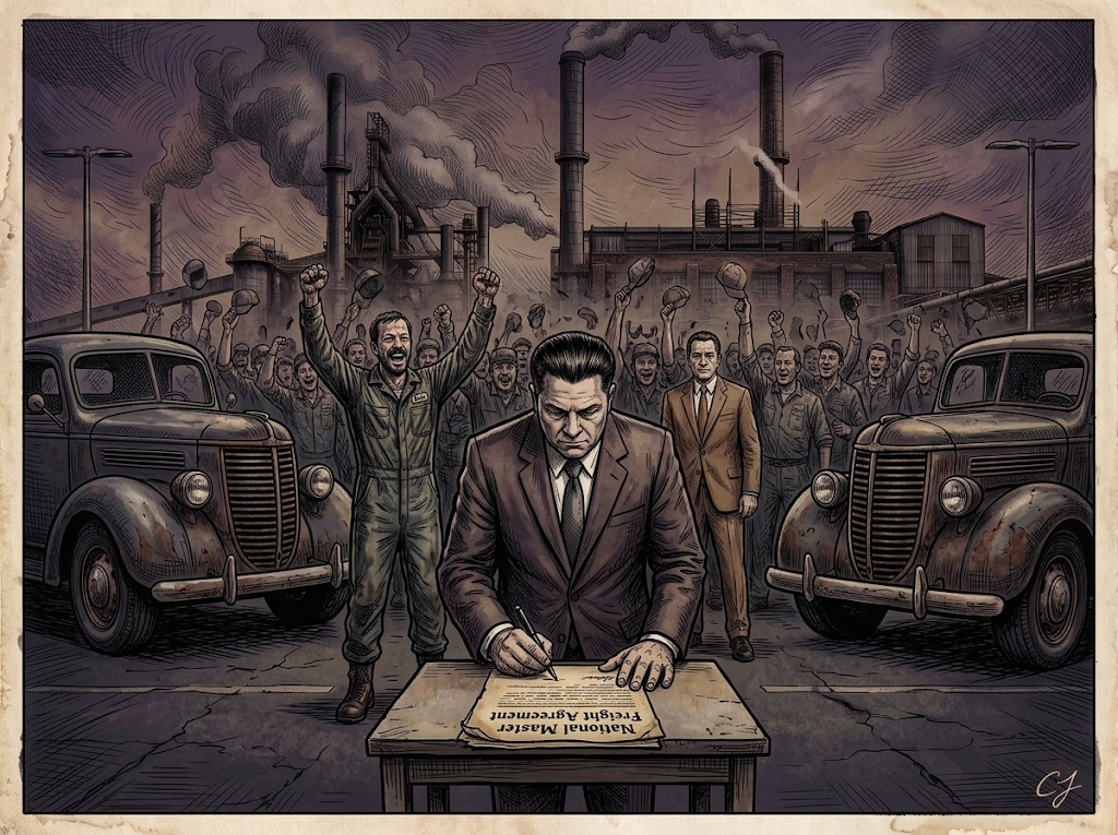 Vintage-style illustration of Jimmy Hoffa seated at a desk signing the National Master Freight Agreement, surrounded by cheering truck drivers and classic trucks.
