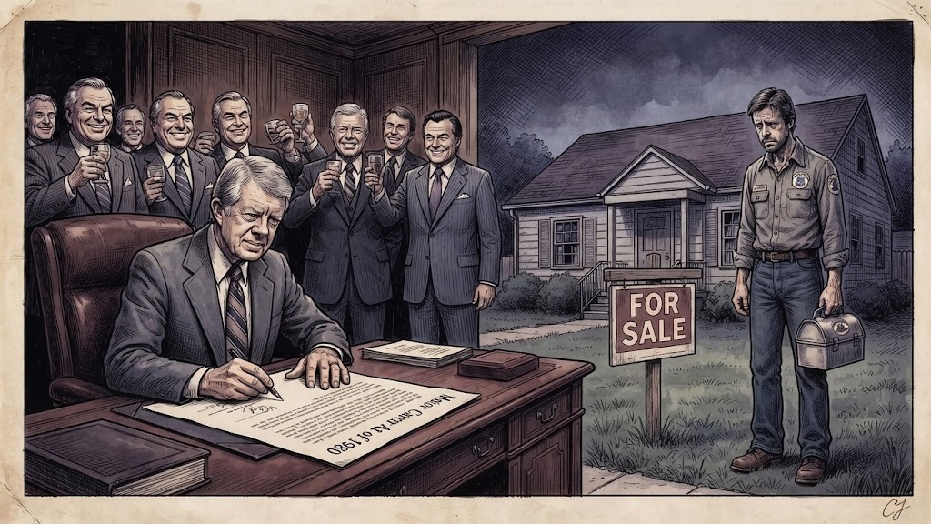 Vintage-style split illustration showing President Jimmy Carter signing the Motor Carrier Act of 1980 surrounded by smiling executives, contrasted with a somber truck driver standing in front of a home with a "For Sale" sign.