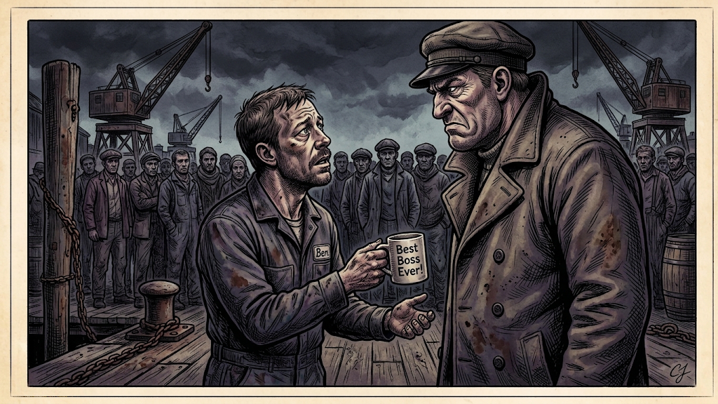 Vintage-style illustration of a 1930s dock worker handing a "Best Boss Ever!" mug to a stern foreman during a dockside shape-up.