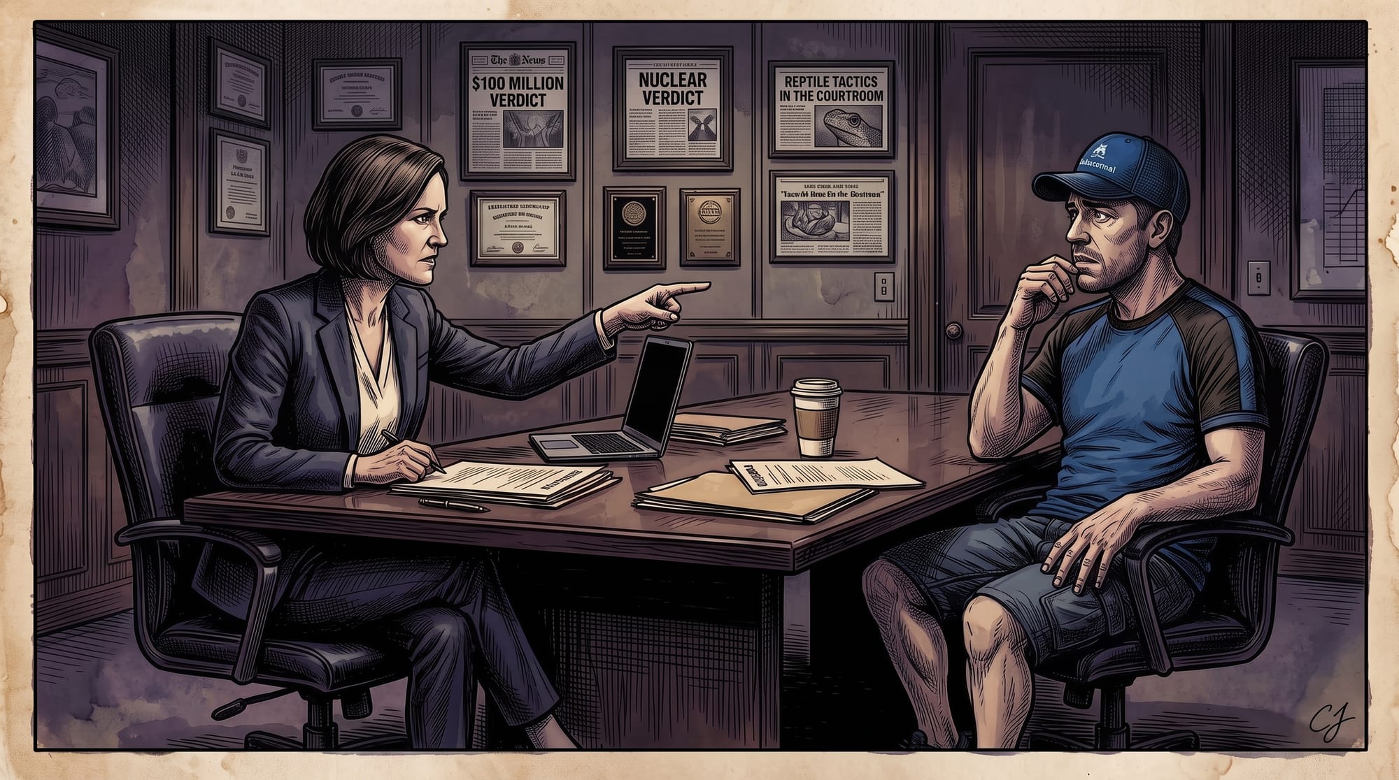 Gritty comic art of Rosie in a navy suit sternly pointing across a desk at Ben in a CabJournal cap, seated in a deposition room with framed legal headlines on the wall.
