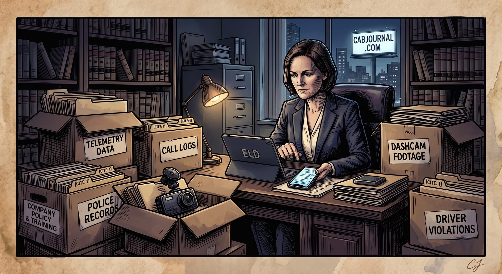 Rosie the lawyer examining subpoenaed trucking evidence at her desk, with a billboard reading "CABJOURNAL.COM" visible through the window.