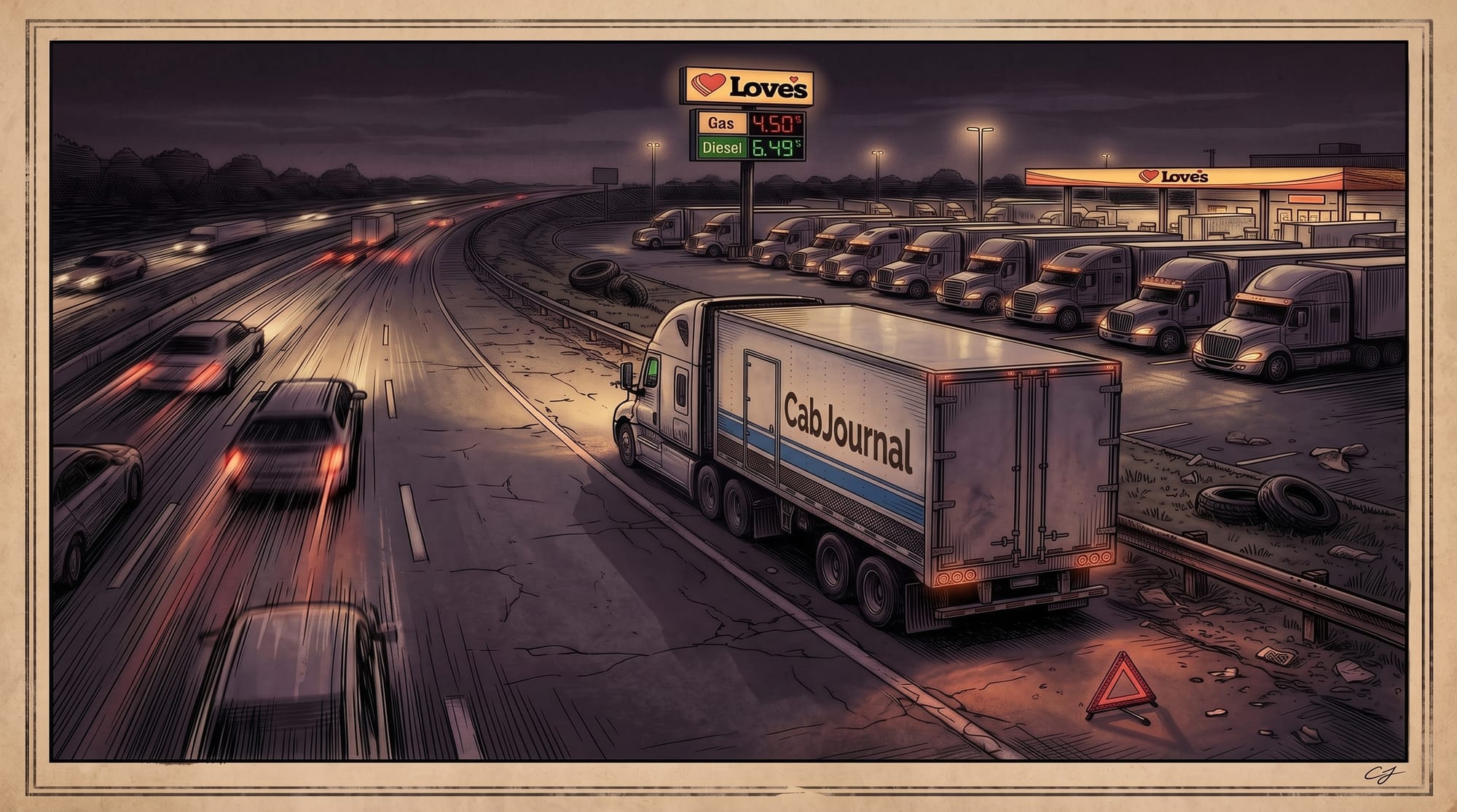 Gritty comic art of a white CabJournal semi-truck pulled over on a highway shoulder at night next to a Love's Travel Stop, with red emergency triangles placed behind the trailer.