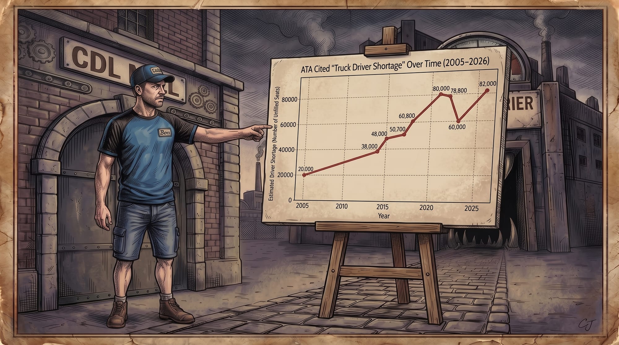 Gritty comic art of Ben in a CabJournal cap pointing at an easel displaying a chart of the ATA cited driver shortage data.