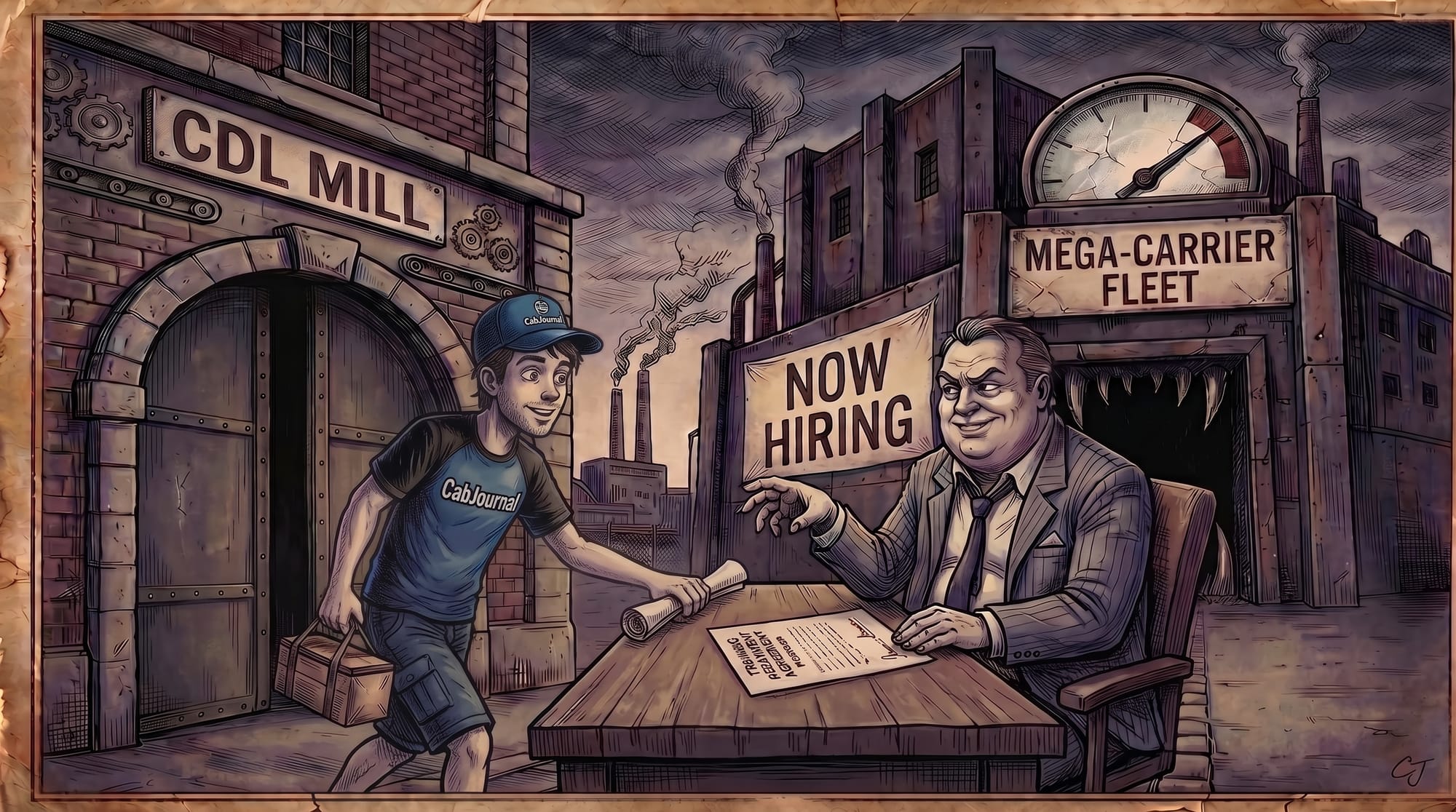 Gritty comic art of a young Ben in a blue CabJournal cap and raglan shirt, handing a rolled document to a smiling recruiter seated at a desk on an industrial street, under a "NOW HIRING" banner and next to the monster-teeth entry of a "MEGA-CARRIER FLEET"