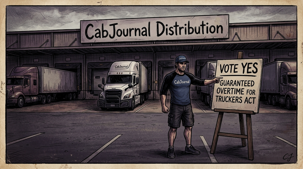 Comic illustration of a truck driver standing outside a distribution center next to an easel supporting a "Vote Yes on Guaranteed Overtime for Truckers Act" sign, with semi-trucks parked at loading bays in the background.