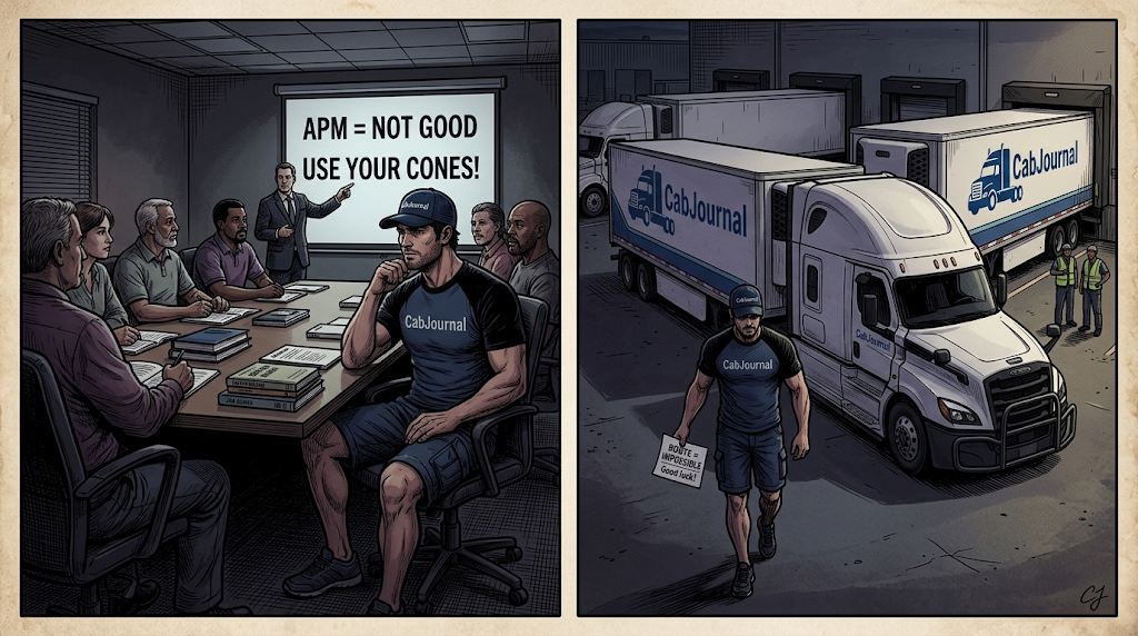 Two-panel comic contrasting management's safety presentation in a meeting room with a driver walking out to a busy warehouse loading dock holding a tight route schedule.