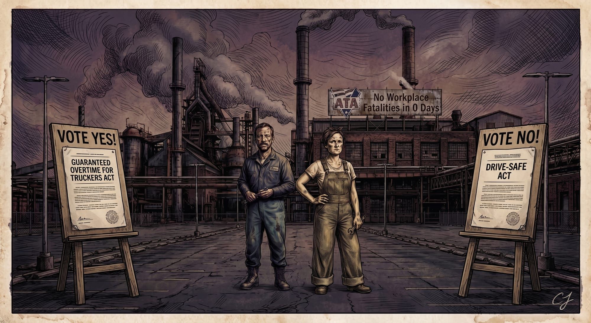 Gritty, comic-style illustration of two truck drivers in front of an industrial factory. Prominently displayed are easel posters for "Vote Yes! Guaranteed Overtime for Truckers Act" and "Vote
