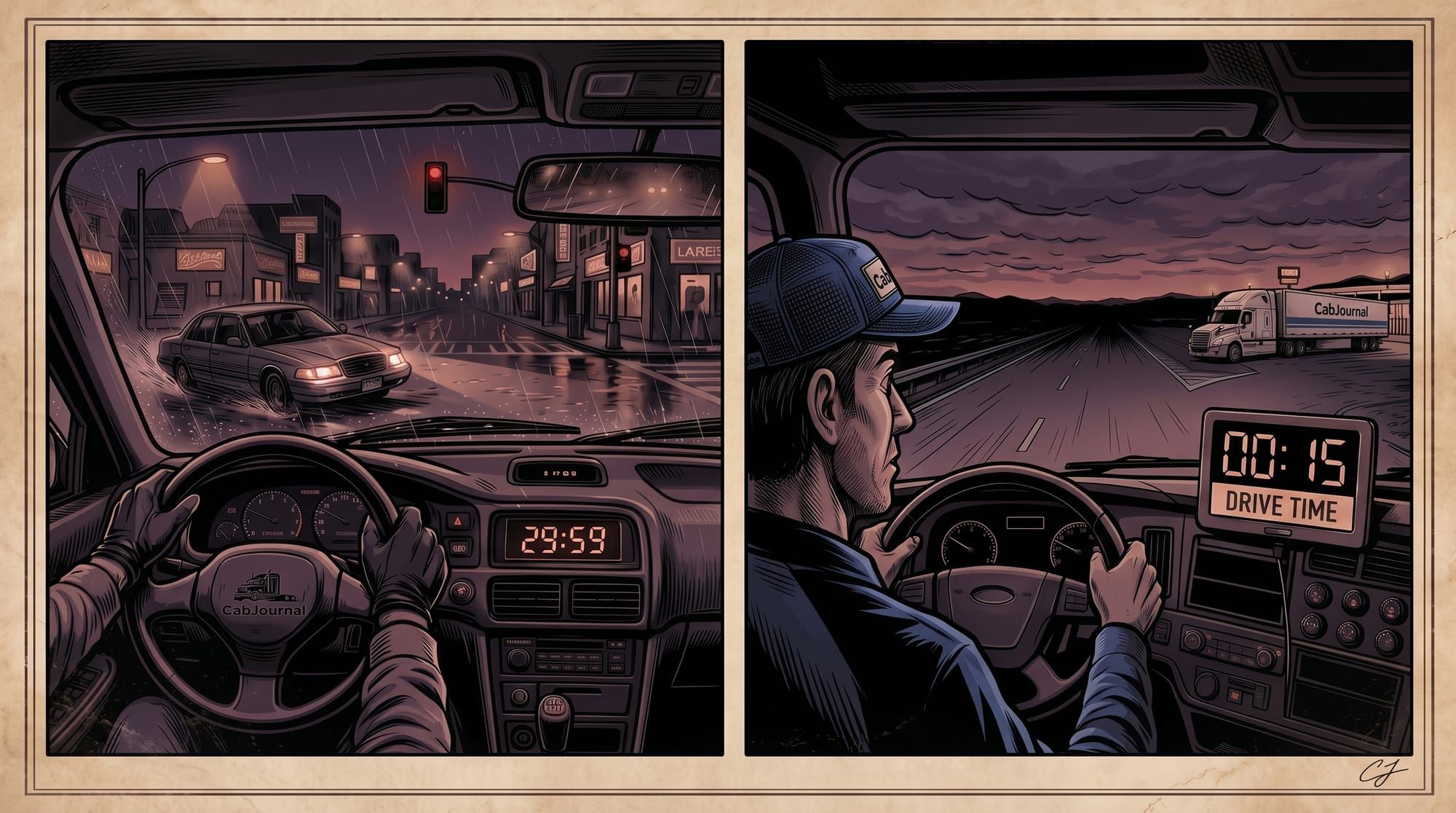 Gritty two-panel comic art showing first-person driver perspective in the rain on the left, and Ben in a CabJournal cap watching an ELD timer in a semi-truck on the right.