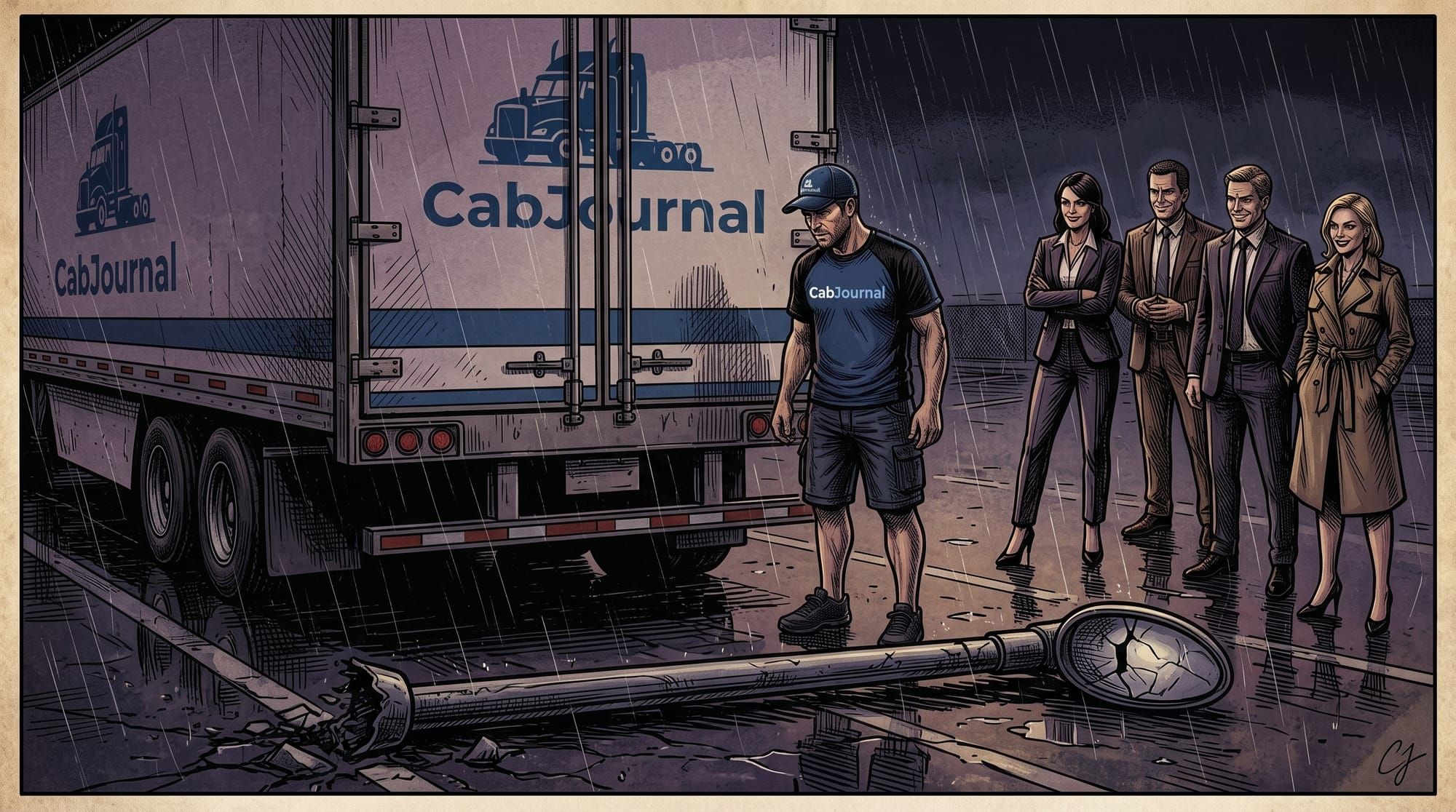 A gritty comic-style panel set in a dark, rainy parking lot at dawn. A distressed delivery driver, Ben, stands near the rear doors of his CabJournal semi-trailer, staring down at a single lig