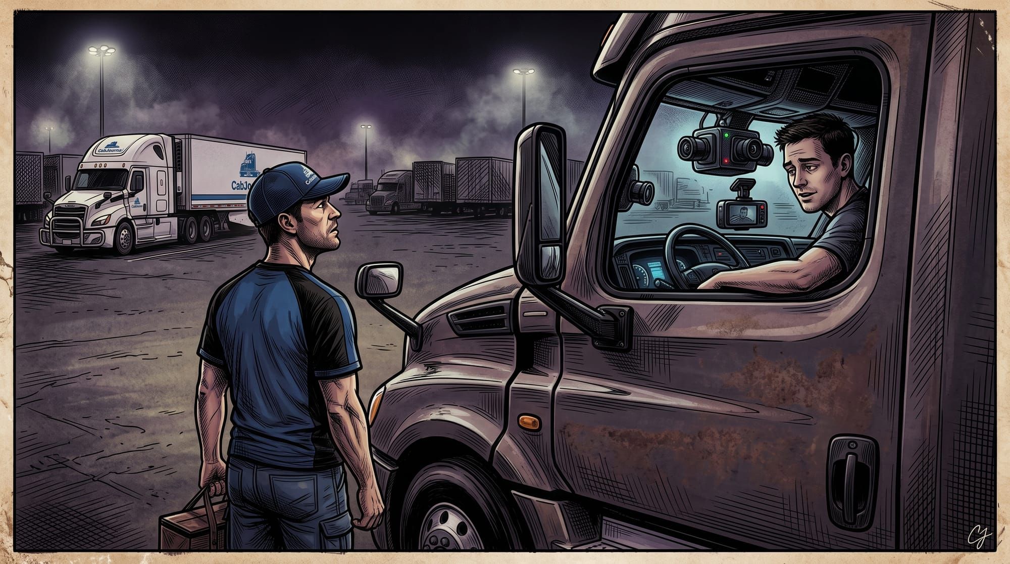 A truck driver stands outside a semi-truck at a nighttime truck stop, looking up at an intrusive multi-camera surveillance system mounted in the cab.