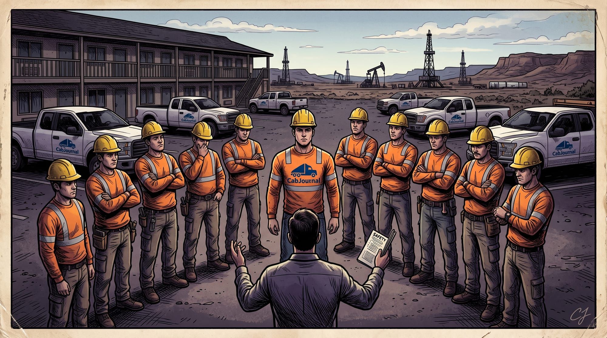 Oilfield work crew gathered in a hotel parking lot for a morning safety meeting, with a supervisor holding a safety sheet, white work trucks, and oil rigs in the background.