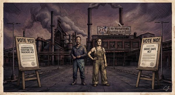 Gritty, comic-style illustration of two truck drivers in front of an industrial factory. Prominently displayed are easel posters for "Vote Yes! Guaranteed Overtime for Truckers Act" and "Vote