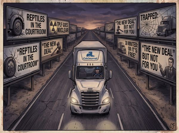 Gritty comic art of a white CabJournal semi-truck driving down a cracked highway lined on both sides by endless, towering legal billboards under a dark, moody sky.