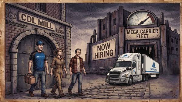 Three smiling drivers walk away from a factory labeled "CDL MILL" toward a monstrous warehouse labeled "MEGA-CARRIER FLEET."