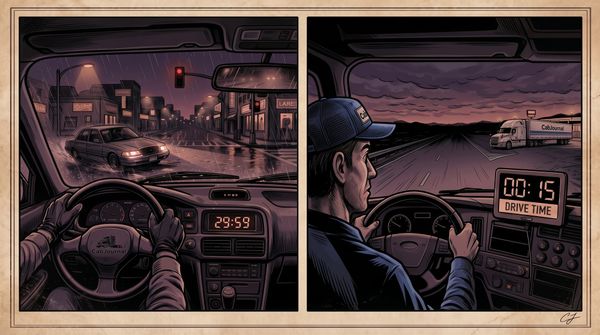 Gritty two-panel comic art showing first-person driver perspective in the rain on the left, and Ben in a CabJournal cap watching an ELD timer in a semi-truck on the right.