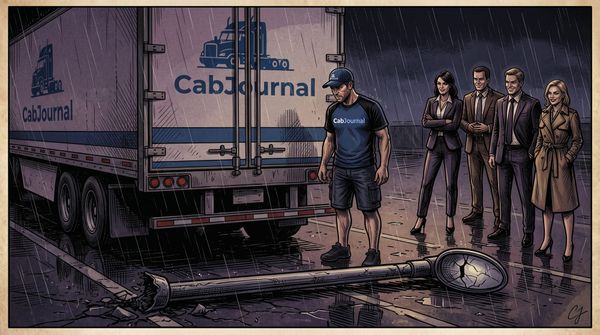 A gritty comic-style panel set in a dark, rainy parking lot at dawn. A distressed delivery driver, Ben, stands near the rear doors of his CabJournal semi-trailer, staring down at a single lig