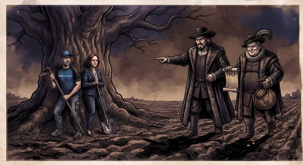 Gritty comic art of Ben and Rosie facing a scowling lord pointing a "TPLF" scroll and a grinning speculator with bags of gold coins.