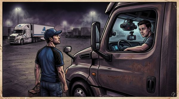 A truck driver stands outside a semi-truck at a nighttime truck stop, looking up at an intrusive multi-camera surveillance system mounted in the cab.