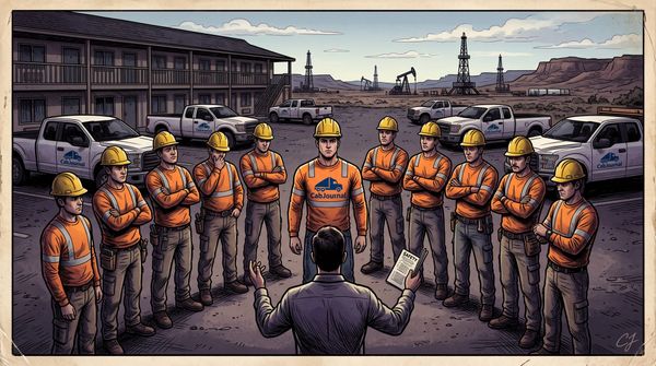 Oilfield work crew gathered in a hotel parking lot for a morning safety meeting, with a supervisor holding a safety sheet, white work trucks, and oil rigs in the background.