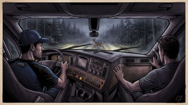 Comic illustration from inside a semi-truck cab showing a driver reacting to a deer on a misty night road while an interior AI camera monitors him.