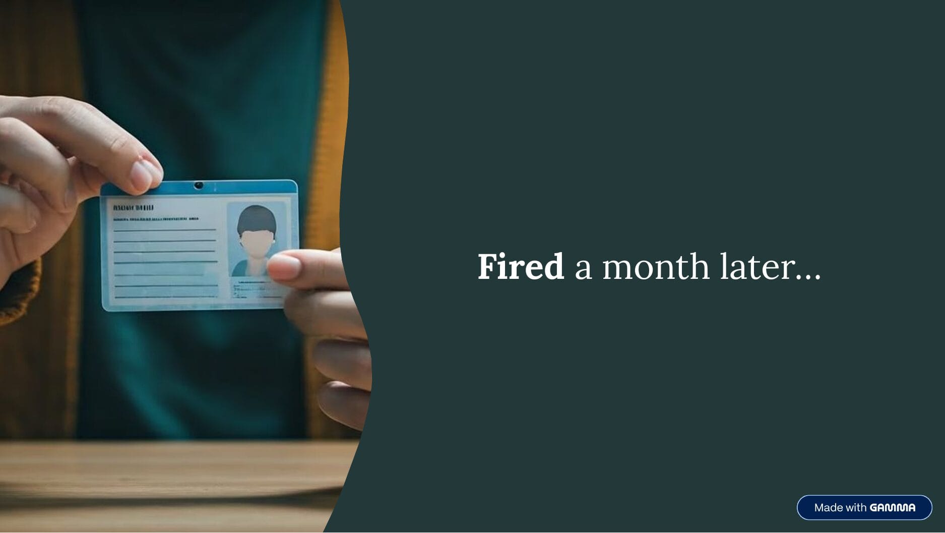 Photo of a hand holding an ID card, with the text "Fired a month later…"