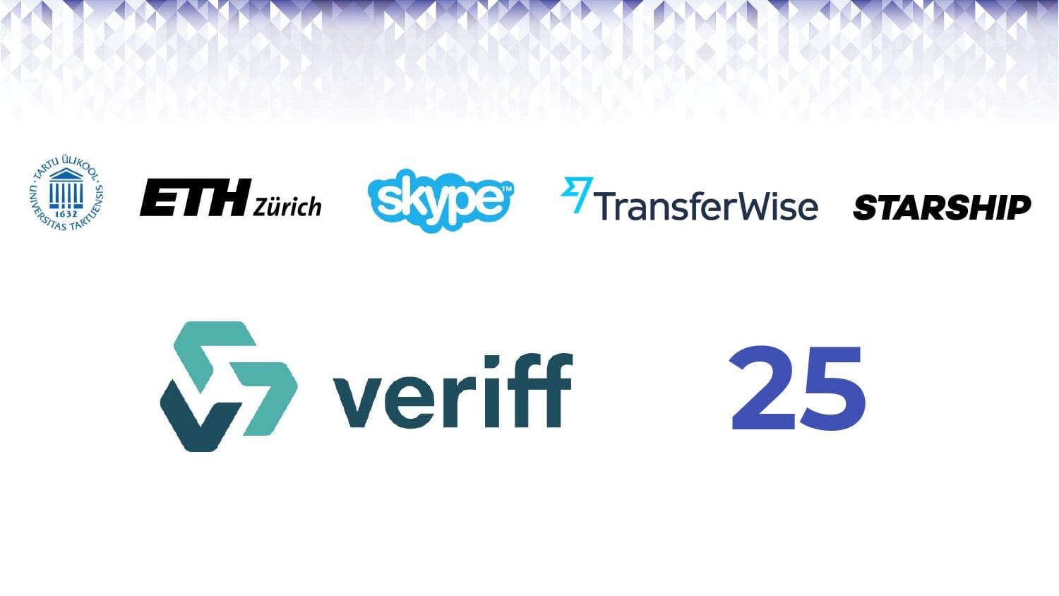 Slide of logos: University of Tartu, ETH Zürich, Skype, TransferWise, Starship, Veriff, and the number 25