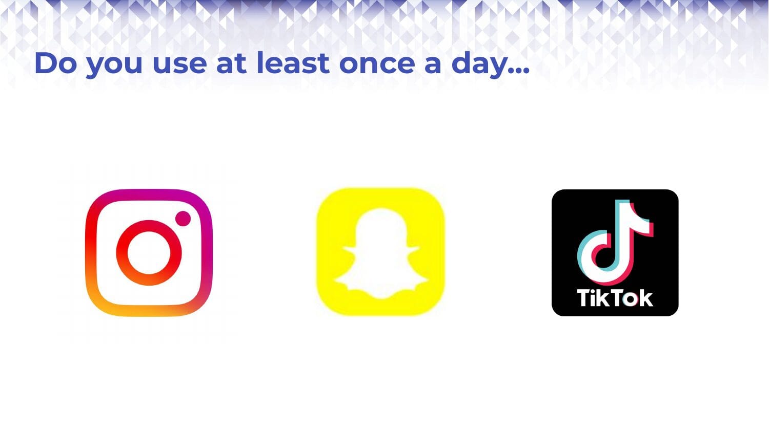 Slide titled "Do you use at least once a day…" showing the Instagram, Snapchat and TikTok logos