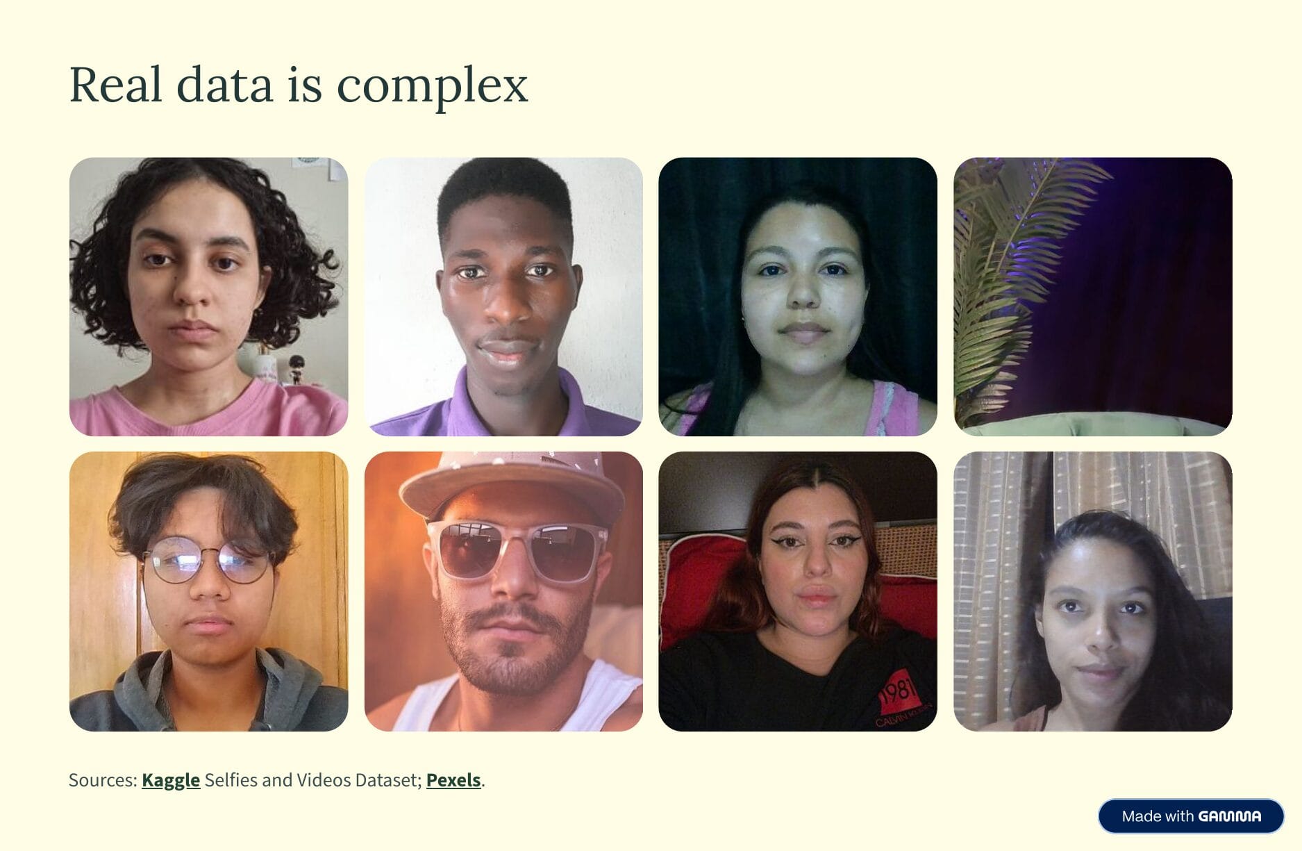 Eight varied selfies: different genders, races, lighting, glasses, one photo of a plant with no person in it. Title: "Real data is complex"