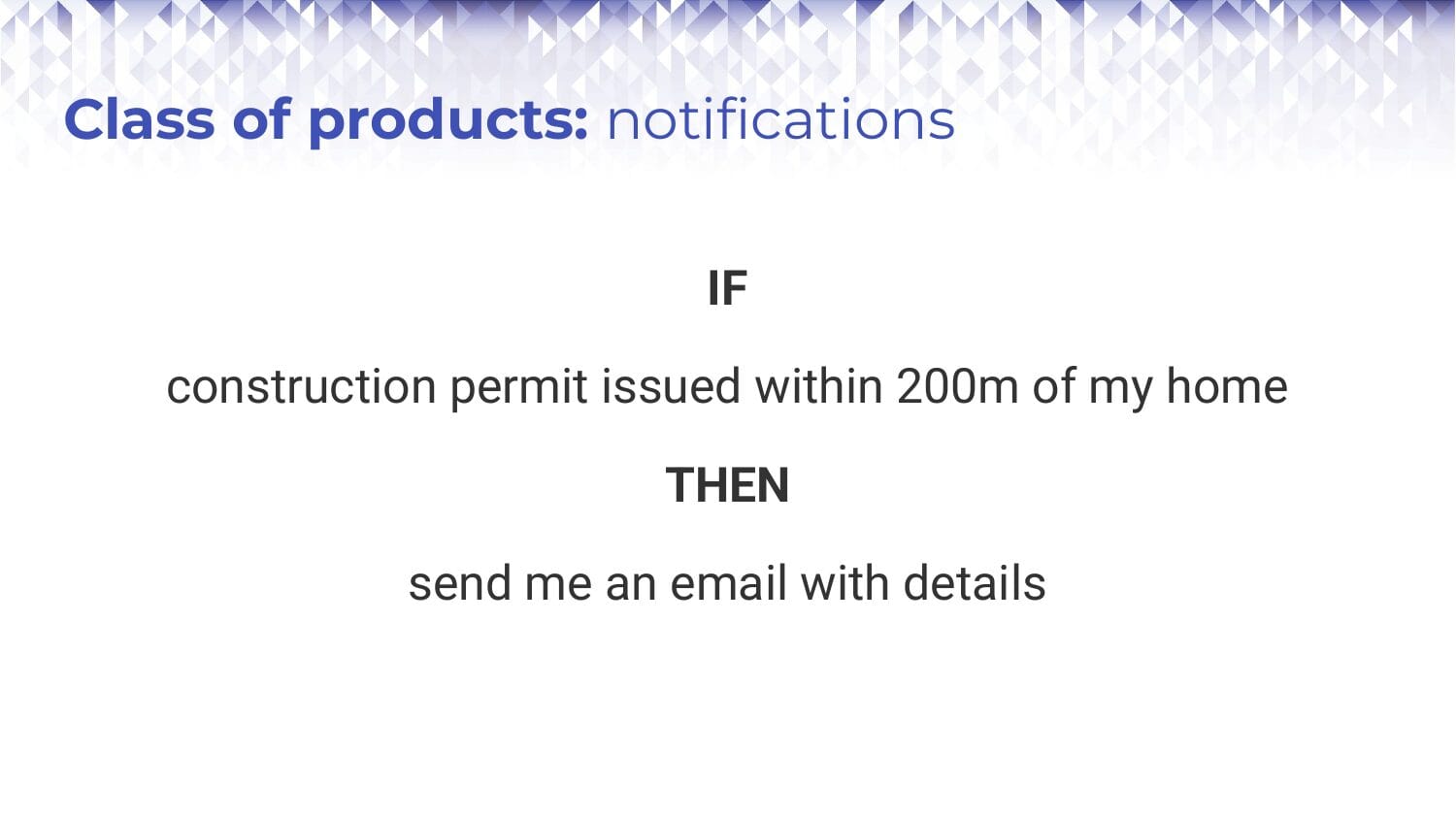 Slide: "Class of products: notifications. IF construction permit issued within 200m of my home THEN send me an email with details"