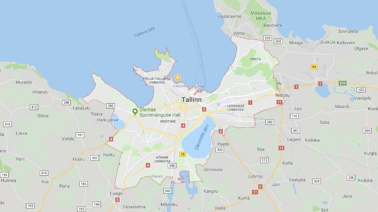 Google Maps view of Tallinn with the city boundary outlined