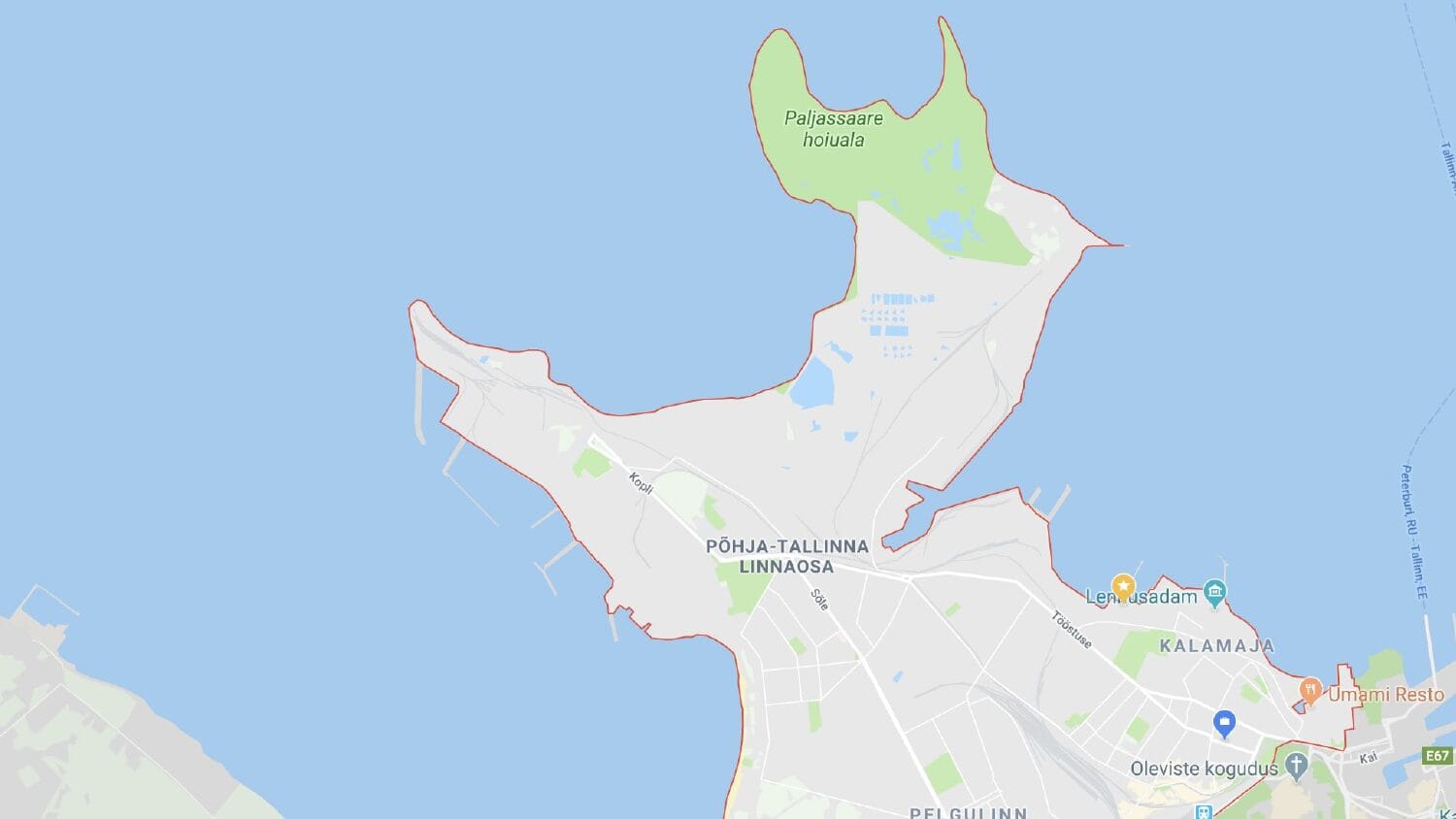 Google Maps view zoomed to Põhja-Tallinn, covering Kalamaja and Pelgulinn