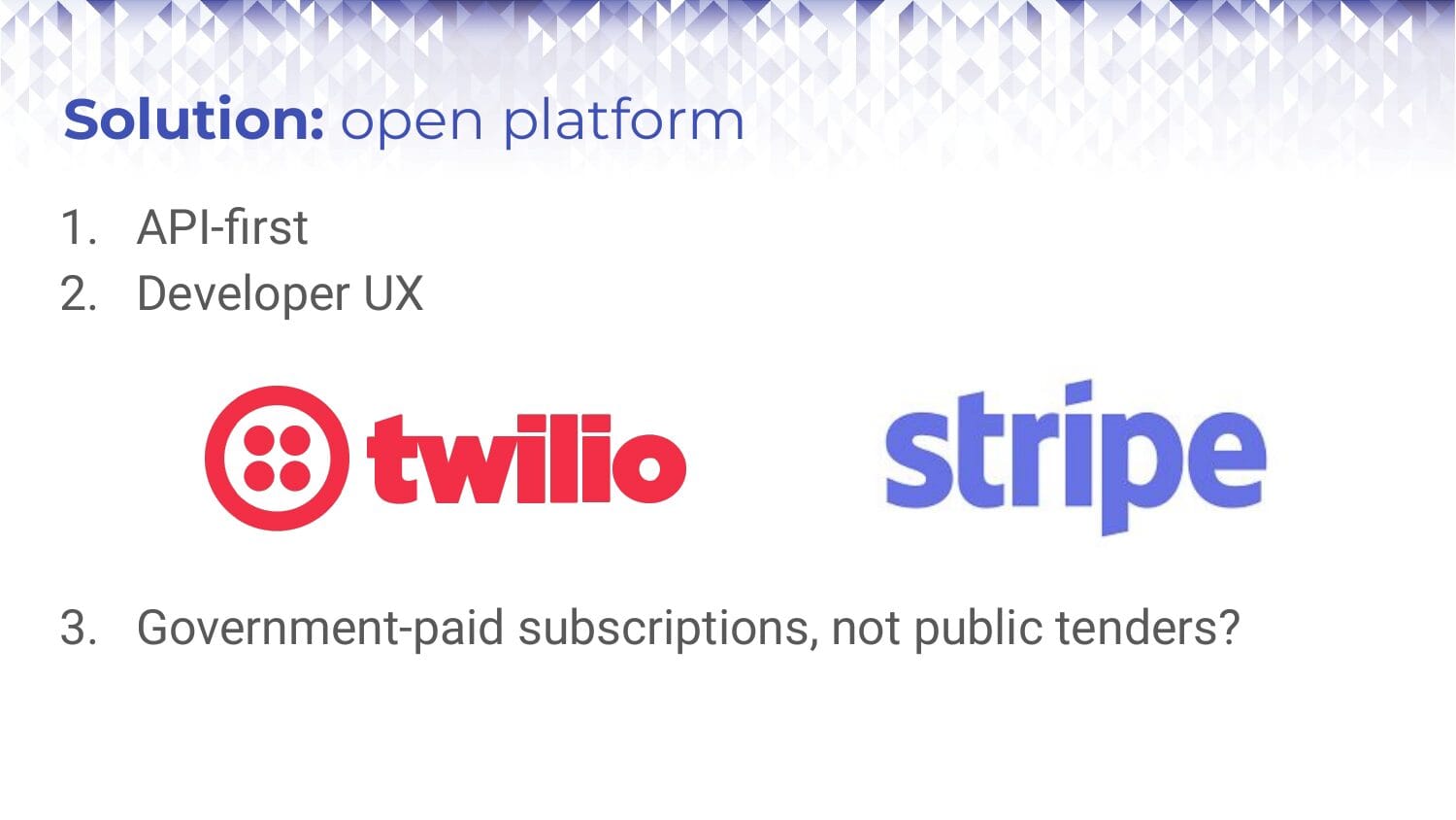 The same slide with a third point added: "3. Government-paid subscriptions, not public tenders?"