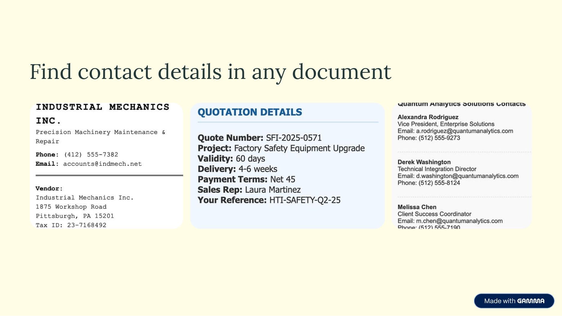 Three document examples: a plain-text vendor letterhead, a formatted quotation, and a contacts list. Title: "Find contact details in any document"